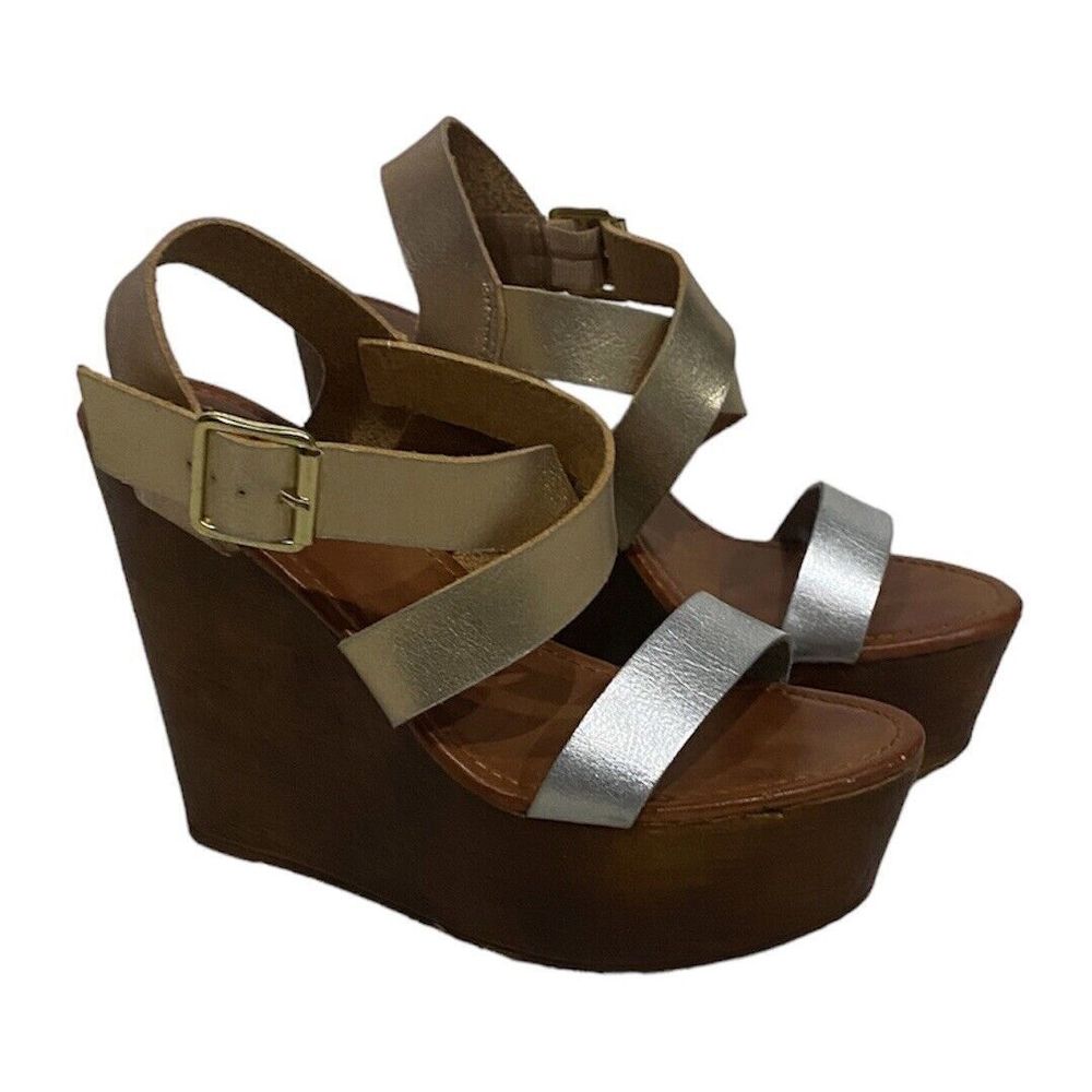 Lulu’s Platform Sandals Metalic Vegan Leather Wedges Bamboo 35/5.5